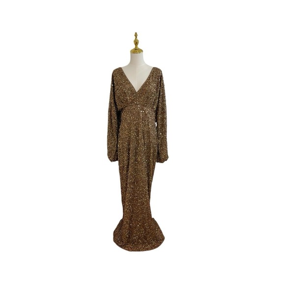 Mac Duggal Dress Bronze Sequin Bishop Sleeve Gown 12 - Picture 1 of 10